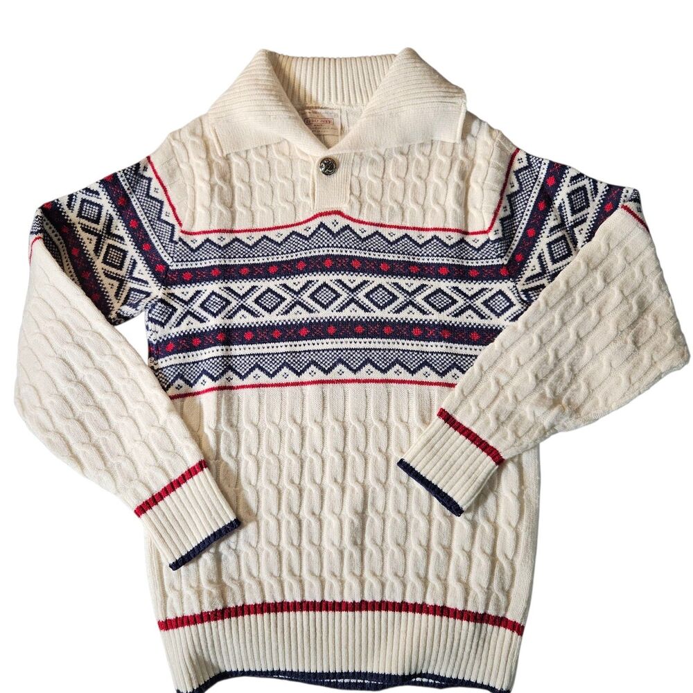 Vintage Lord Jeff Cable Knit Sweater Size M Pullover Shawl Collar White Acrylic